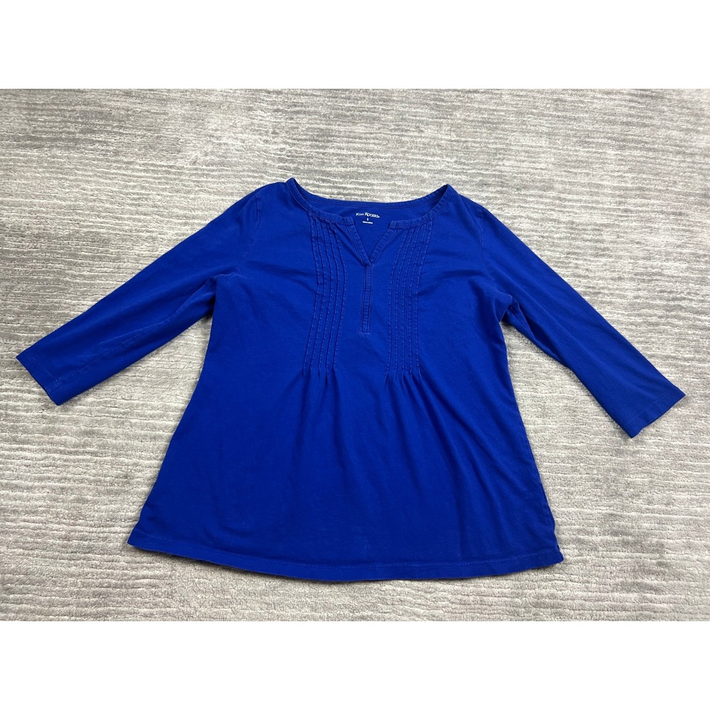 Kim Rogers Top Womens S Blue Split Neck Pintuck 3/4 Sleeve Cotton Casual Relaxed